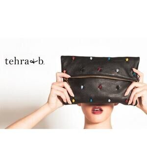 Tehra & B Black Leather Multi Bag French Knot Fold-Over Zip Top Clutch *Read